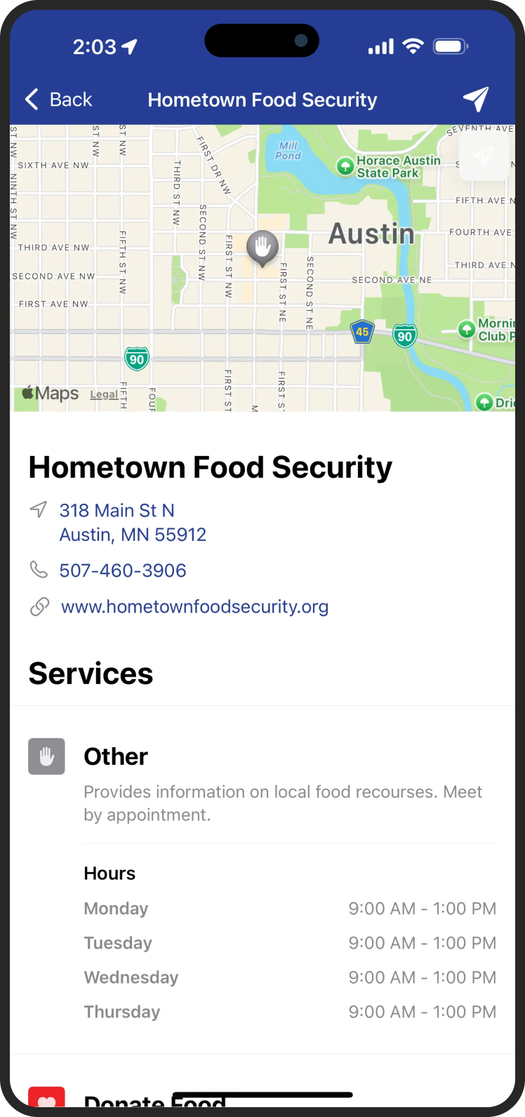 Hometown food security app listing